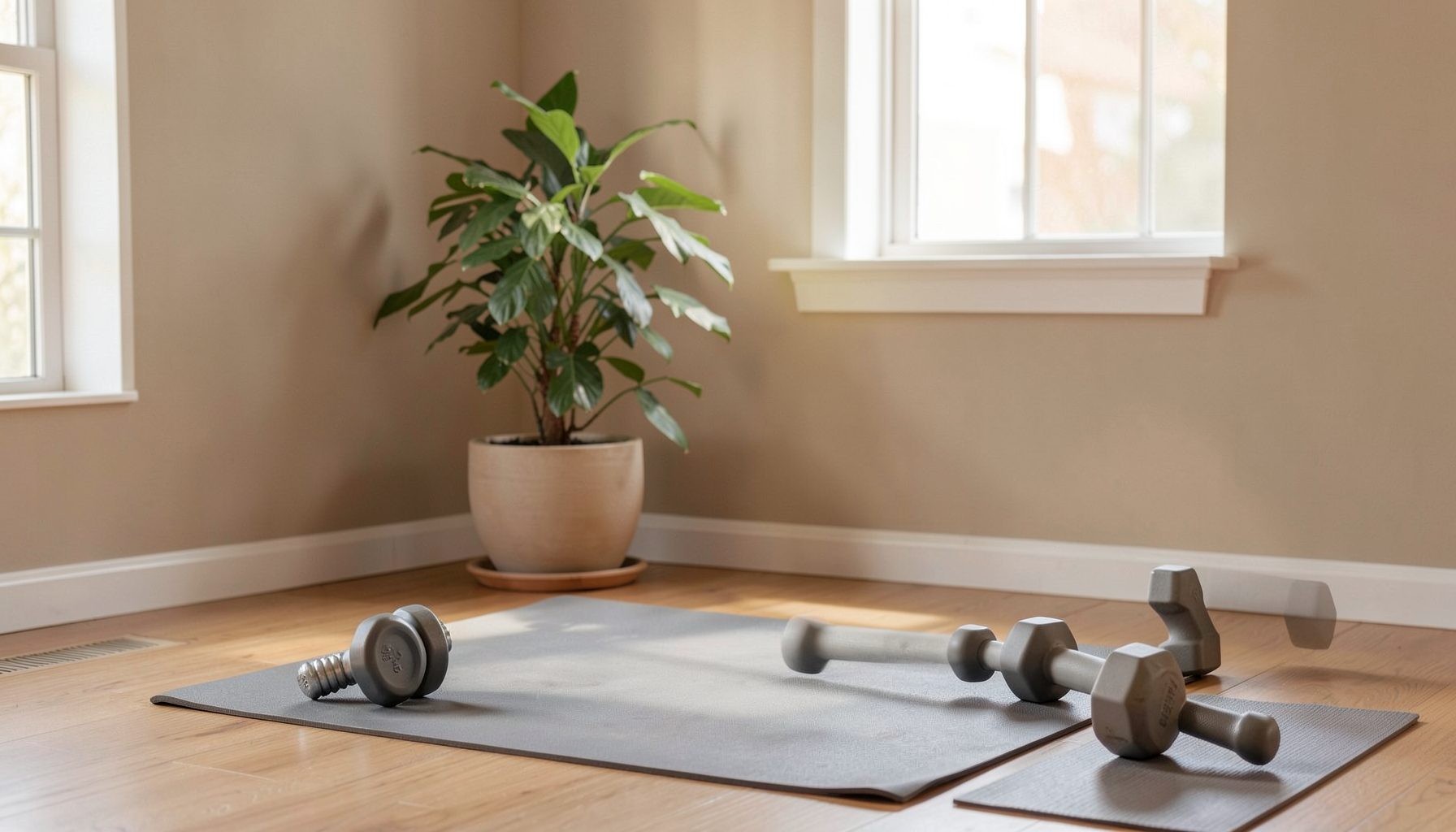 A calm, softly lit home workout space with a yoga mat, dumbbells, and a potted plant near a window, warm neutral tones and natural light