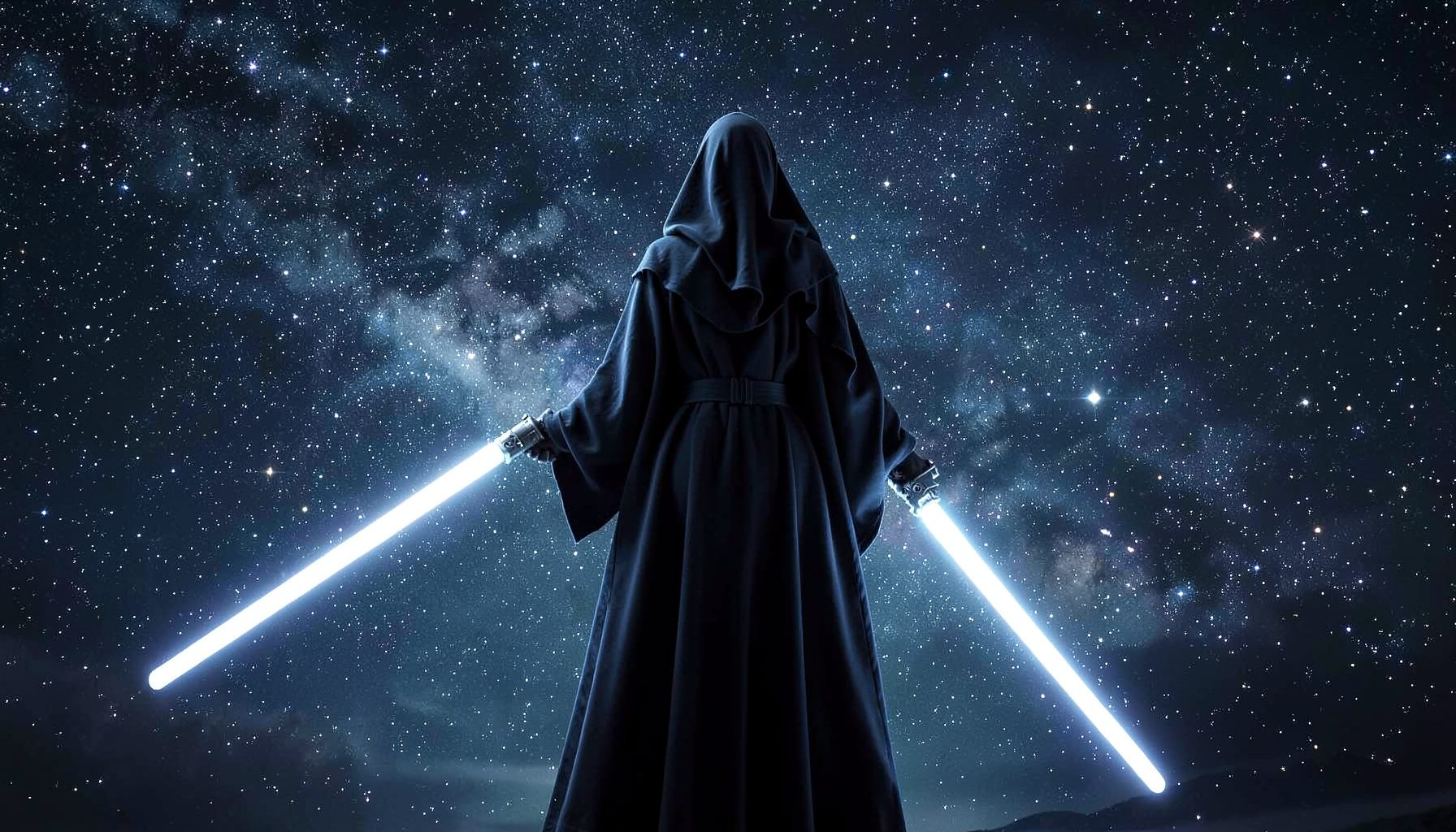 A cloaked figure with twin lightsaber-like blades standing before a vast starfield, cool silvers and deep space blues creating a cinematic sci-fi atmosphere