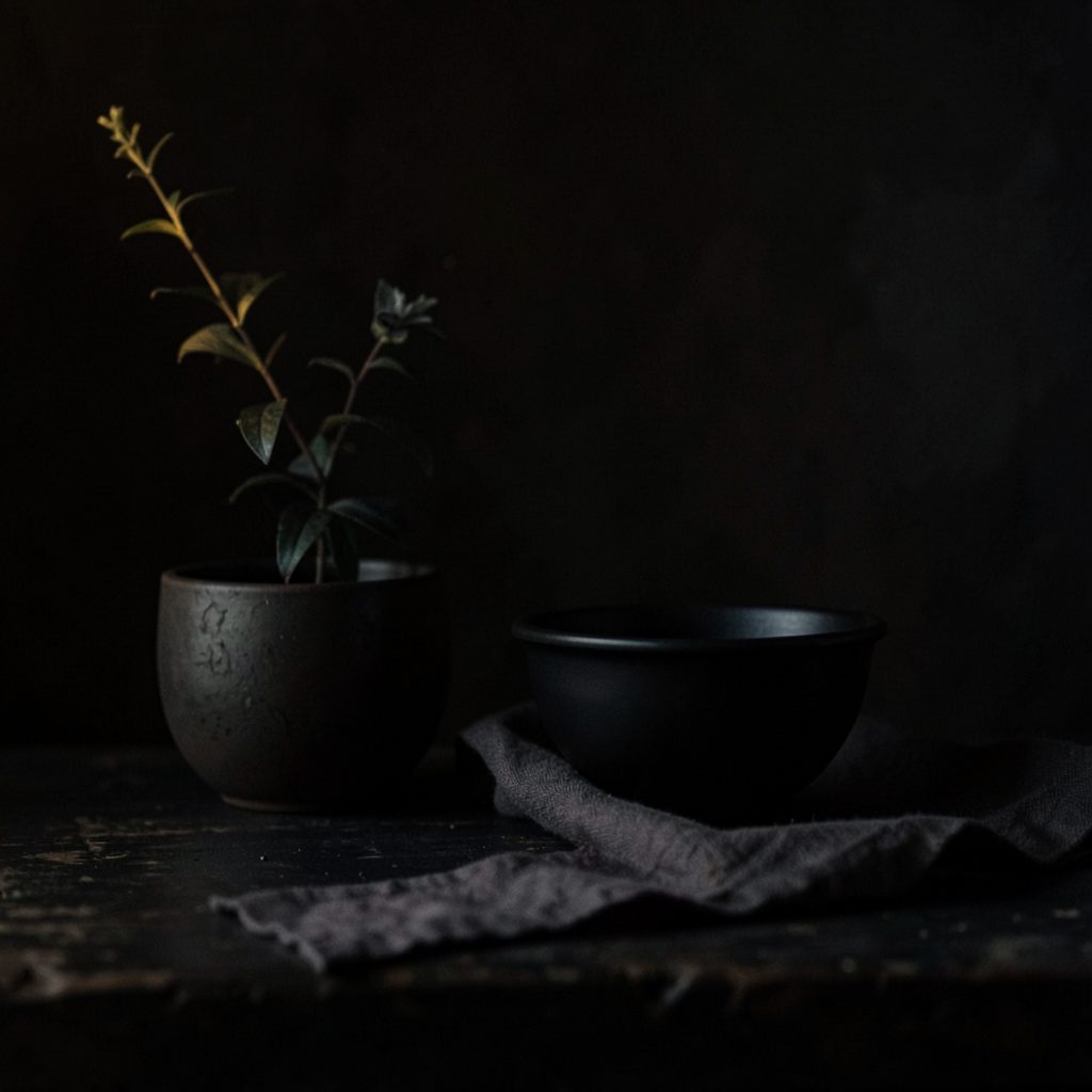 A dark, richly shadowed still-life arrangement with deep blacks and charcoal grays, accented by a single warm amber-gold highlight, conveying a quiet editorial atmosphere.