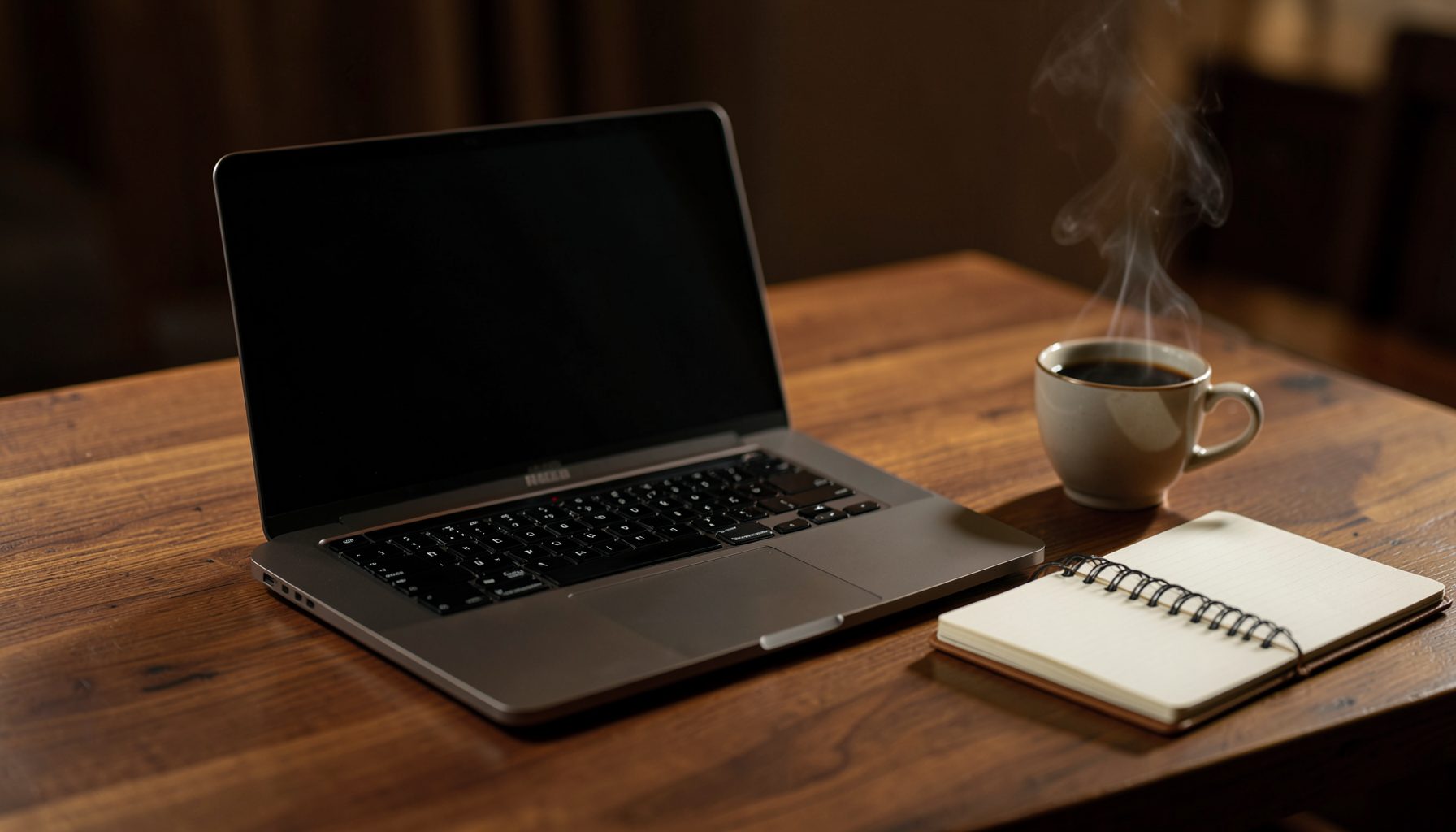 A modern laptop on a wooden desk beside a notebook and a steaming coffee cup, warm ambient lighting with deep browns and soft gold accents
