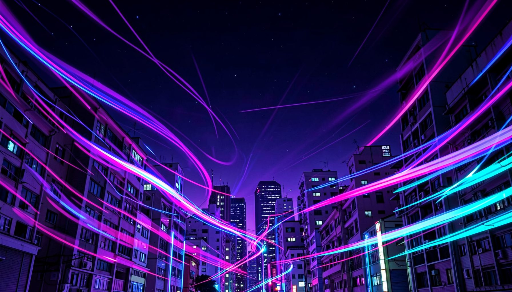 Abstract cityscape with swirling neon color streaks in deep purple, magenta, and cyan against a dark night sky, evoking animated comic-book energy