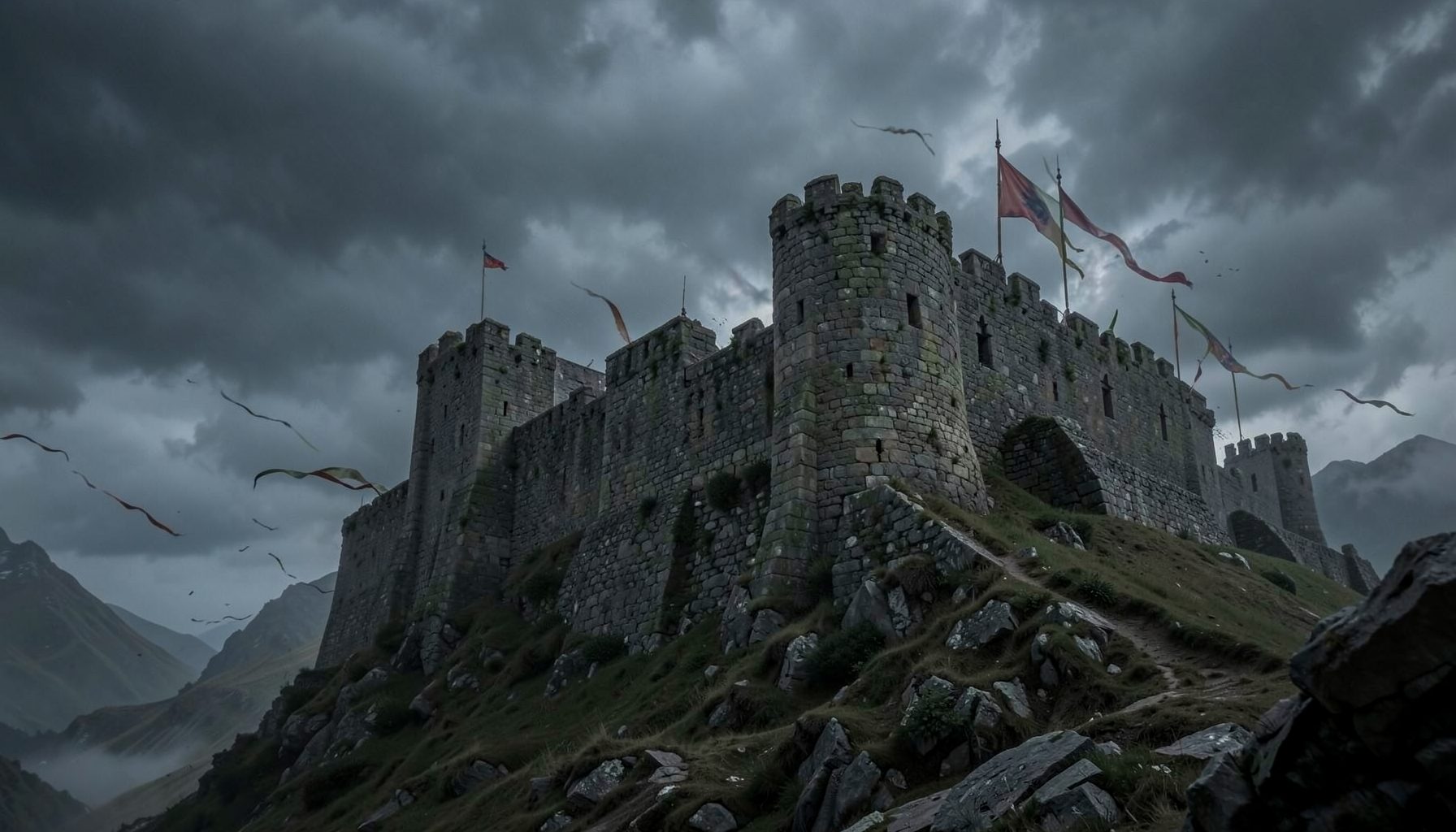 Ancient stone fortress on a windswept hill under a stormy grey sky, banners snapping in the wind, epic fantasy mood