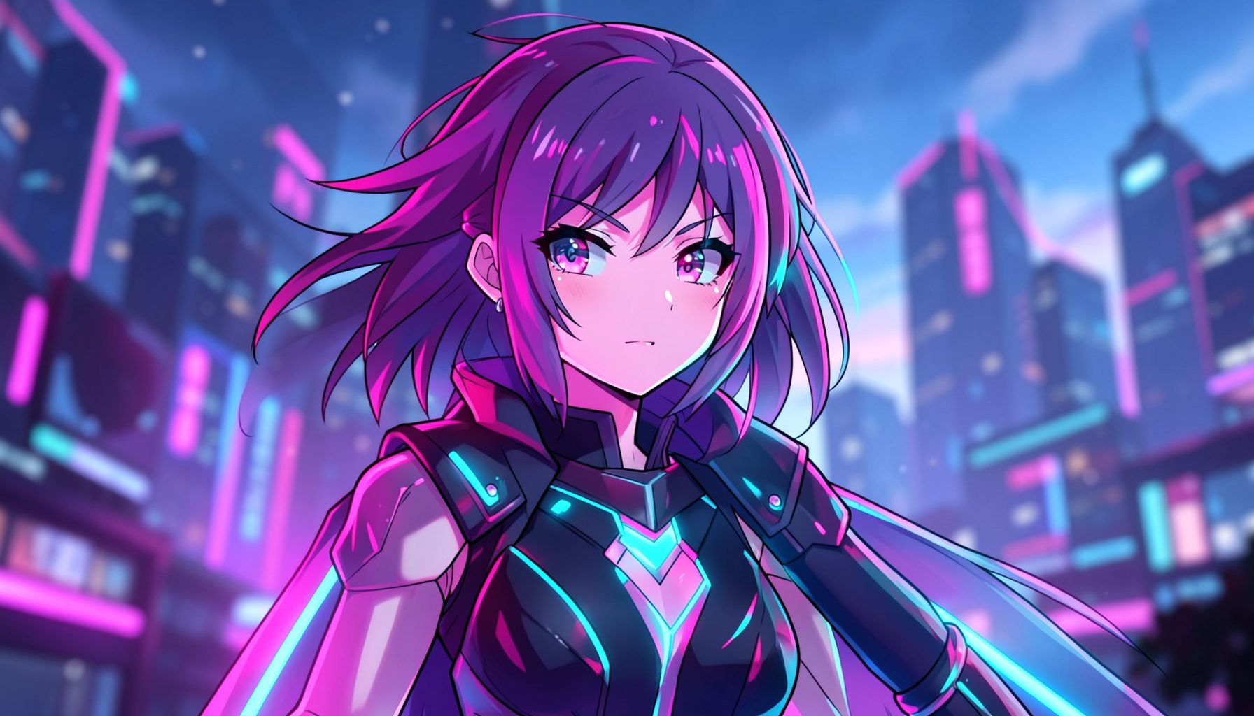 Anime-style character art with neon pink and cyan accents, a futuristic city skyline blurred in the background, conveying a sleek action-RPG mood