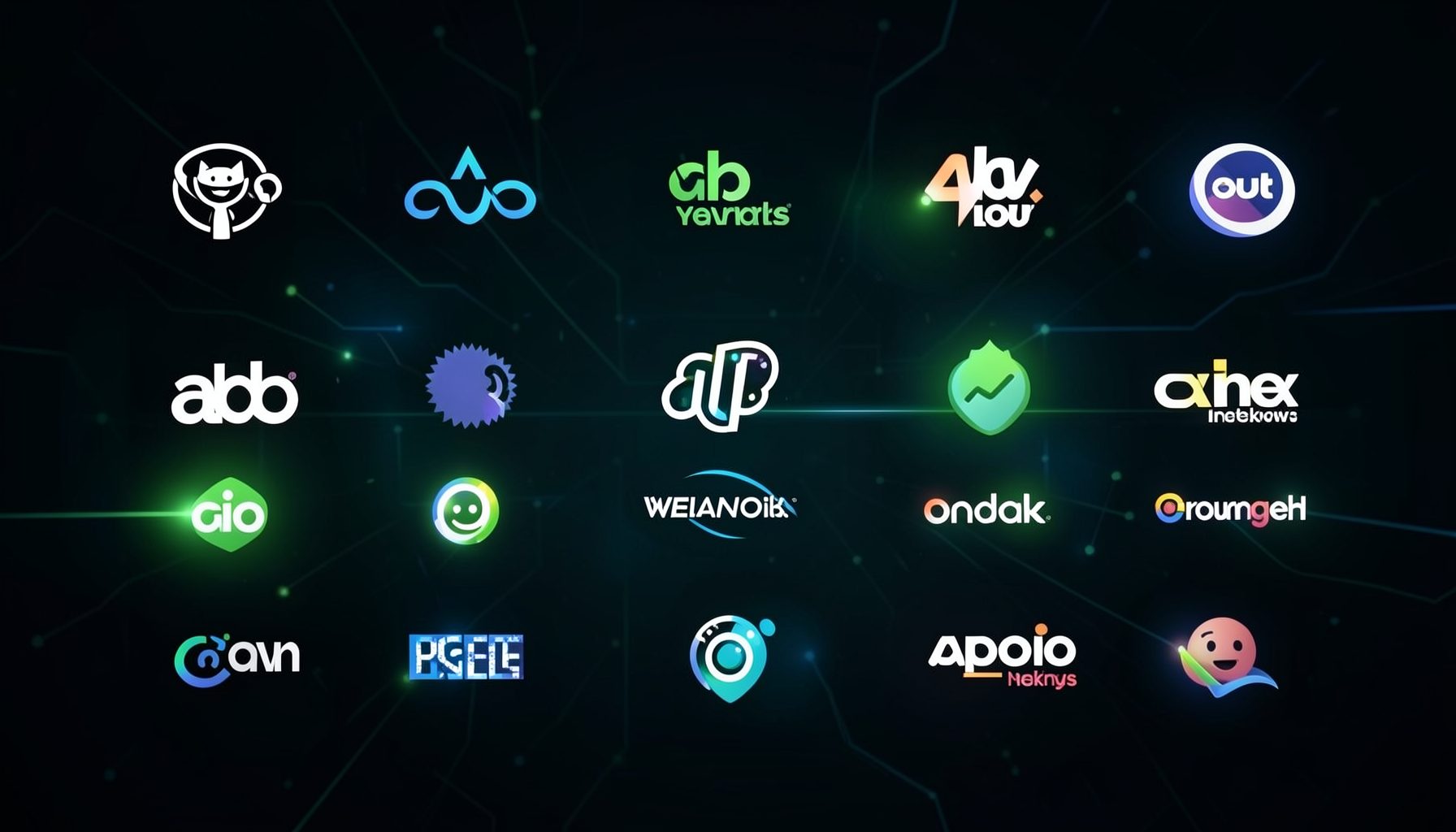 Array of alternative ad network logos arranged on a dark digital backdrop, subtle green and blue accent glows suggesting diverse monetization options