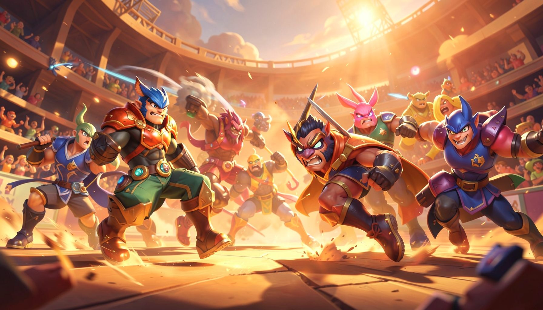 Brawlhalla roster of colorful fighters clashing in a vibrant arena with dynamic motion and warm orange and gold effects