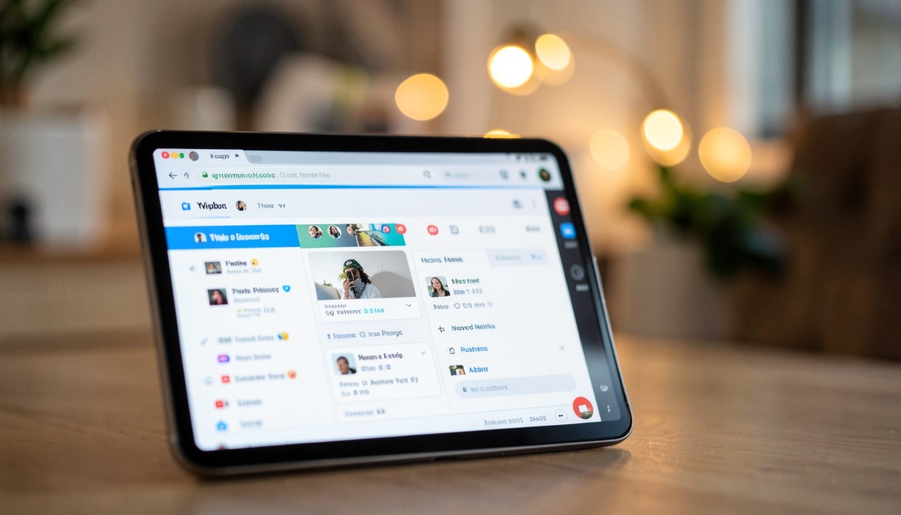Close-up of a YouTube creator dashboard on a tablet, soft bokeh lights in the background suggesting a modern home studio setup