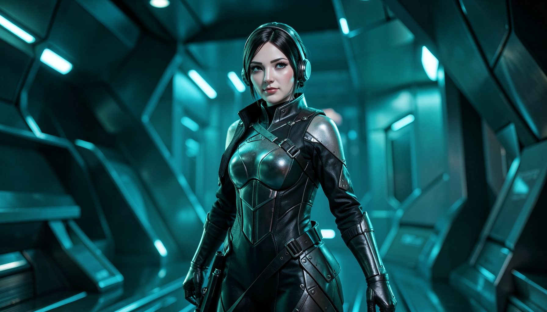 CRYMACHINA character Vida in a futuristic sci-fi setting with sleek metallic surfaces and cool teal lighting