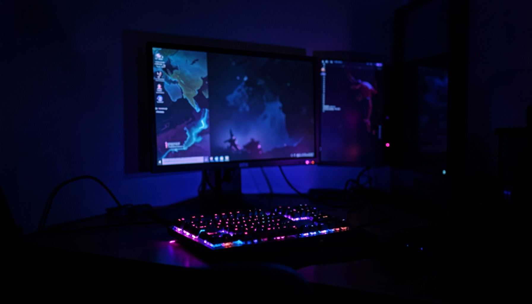 Dark atmospheric gaming setup with a glowing keyboard and monitor casting purple and blue light across a shadowy desk
