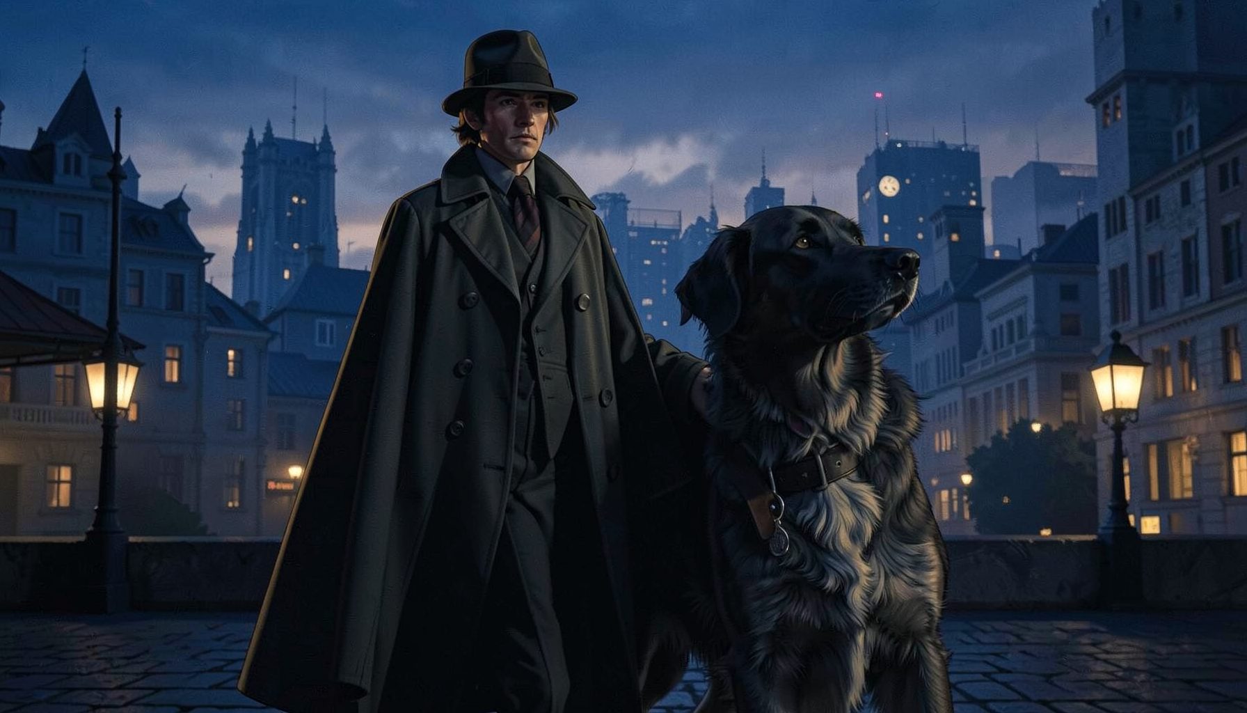 Detective-themed illustration with a stylized figure in a trench coat beside a large loyal hound, set against a moody blue and amber cityscape at dusk
