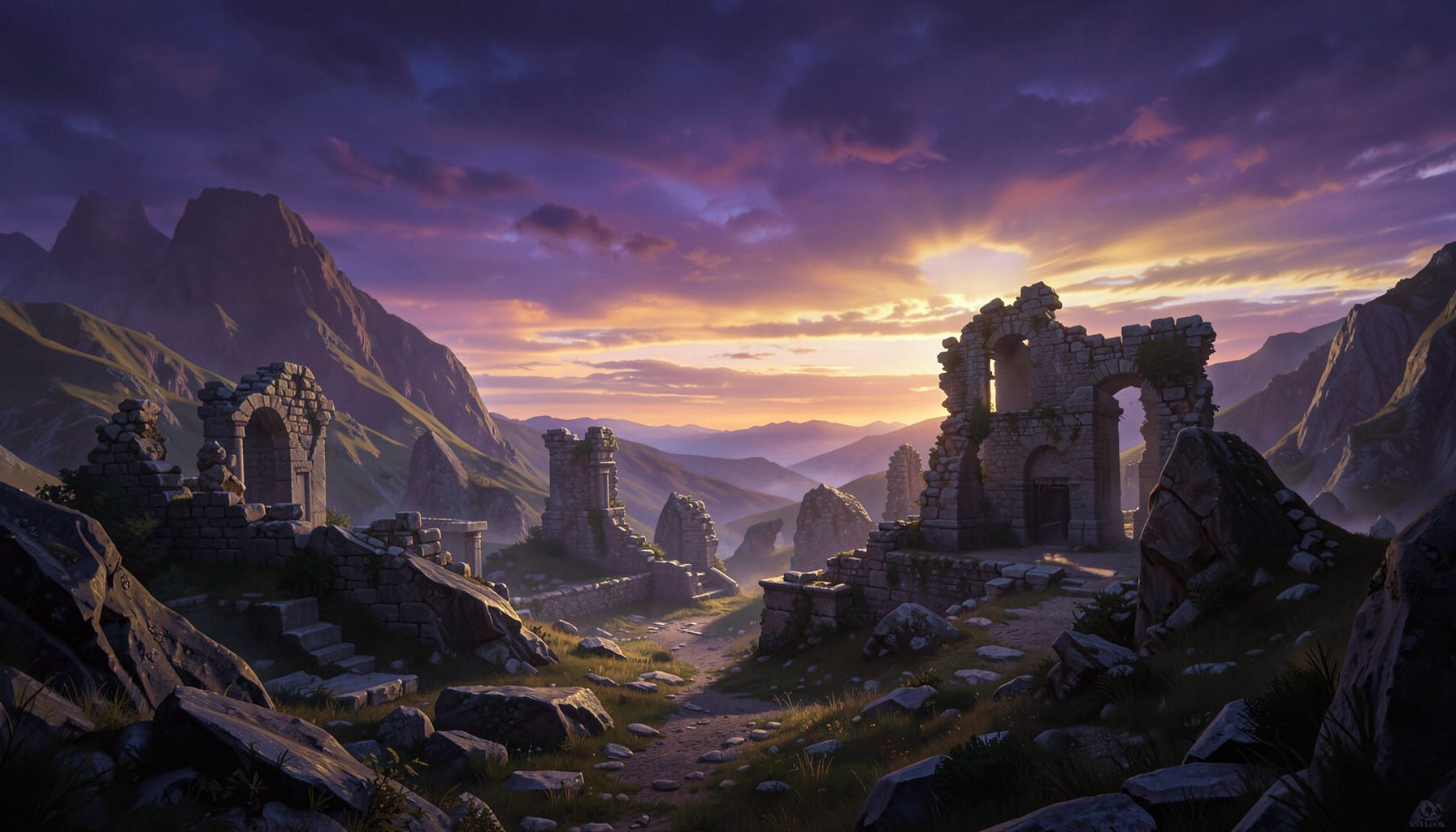 Epic fantasy landscape with ancient stone ruins and a sweeping vista under a dramatic twilight sky, rich purples and golds blending across the horizon
