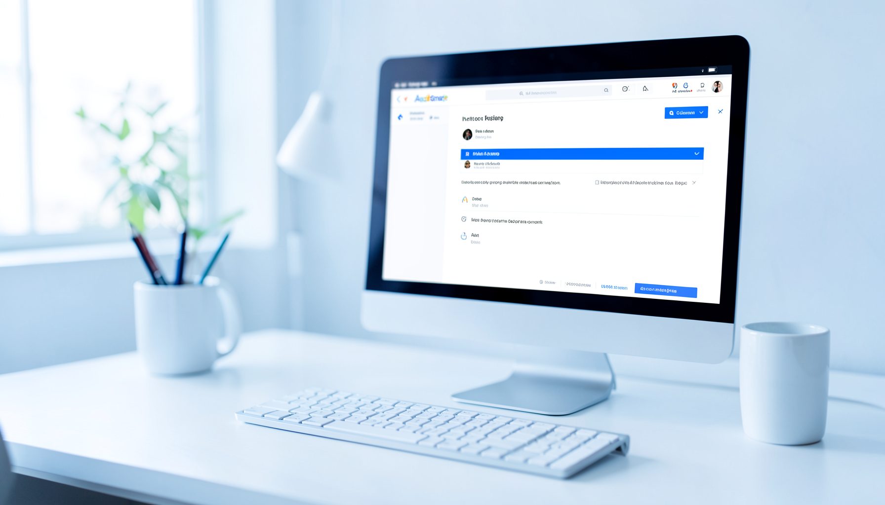 Google AdSense interface on a monitor with soft blue and white tones, a clean modern desk setup suggesting digital marketing work