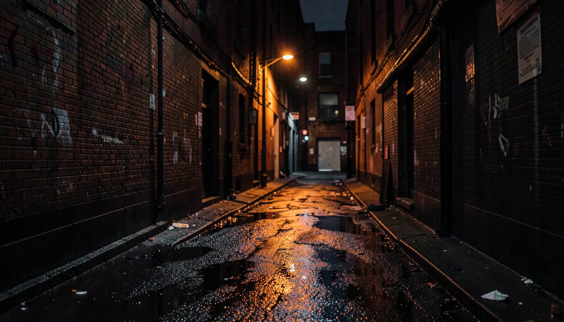 Gritty urban alleyway at night with wet pavement reflecting dim orange streetlight, moody and tense atmosphere
