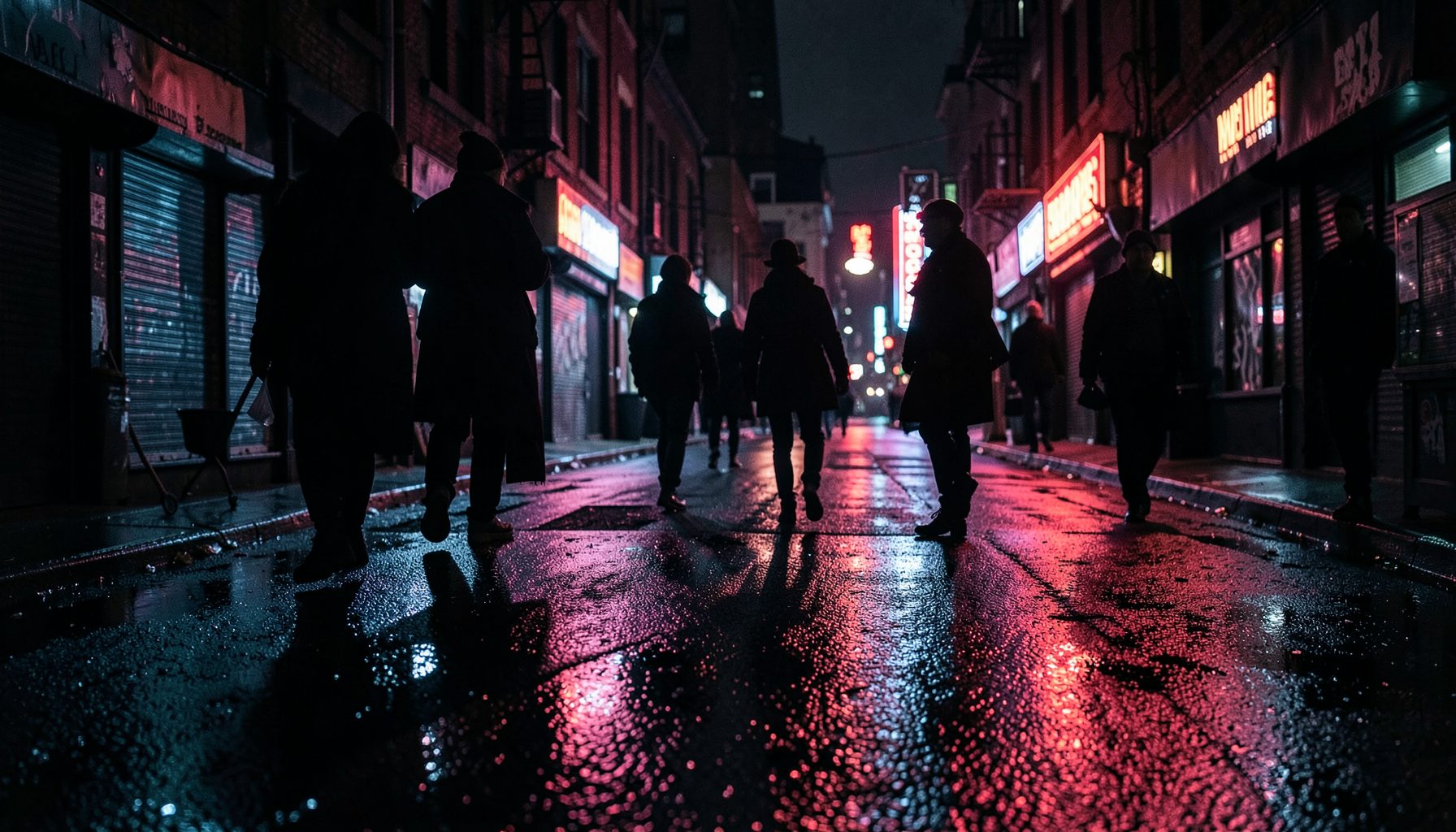 Gritty urban night scene with neon reflections on wet asphalt, shadowy figures in sharp silhouette, deep crimsons and cold blues dominating the frame