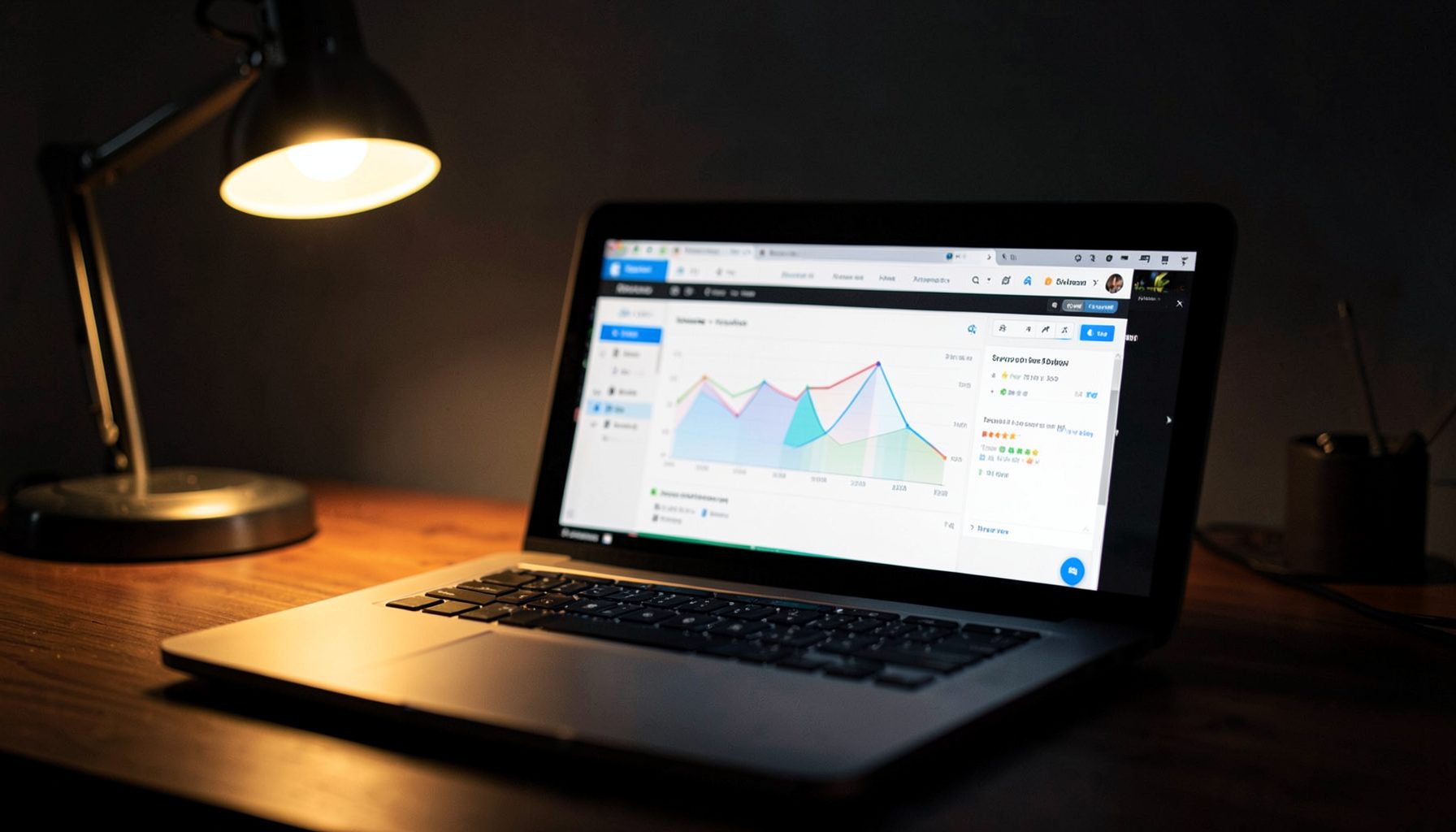 Laptop screen showing a blogging dashboard with analytics charts, warm desk-lamp glow against a dark room, focused and productive atmosphere