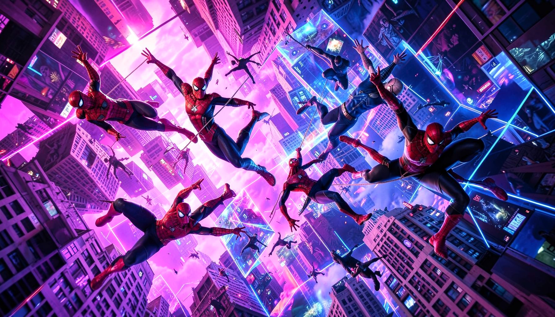 Multiple Spider-heroes swinging through a kaleidoscopic cityscape of overlapping dimensions, vivid pinks, purples, and electric blues colliding