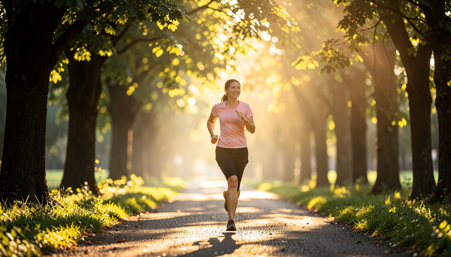 Person jogging on a tree-lined path in early morning light, warm golden rays filtering through leaves, conveying energy and well-being