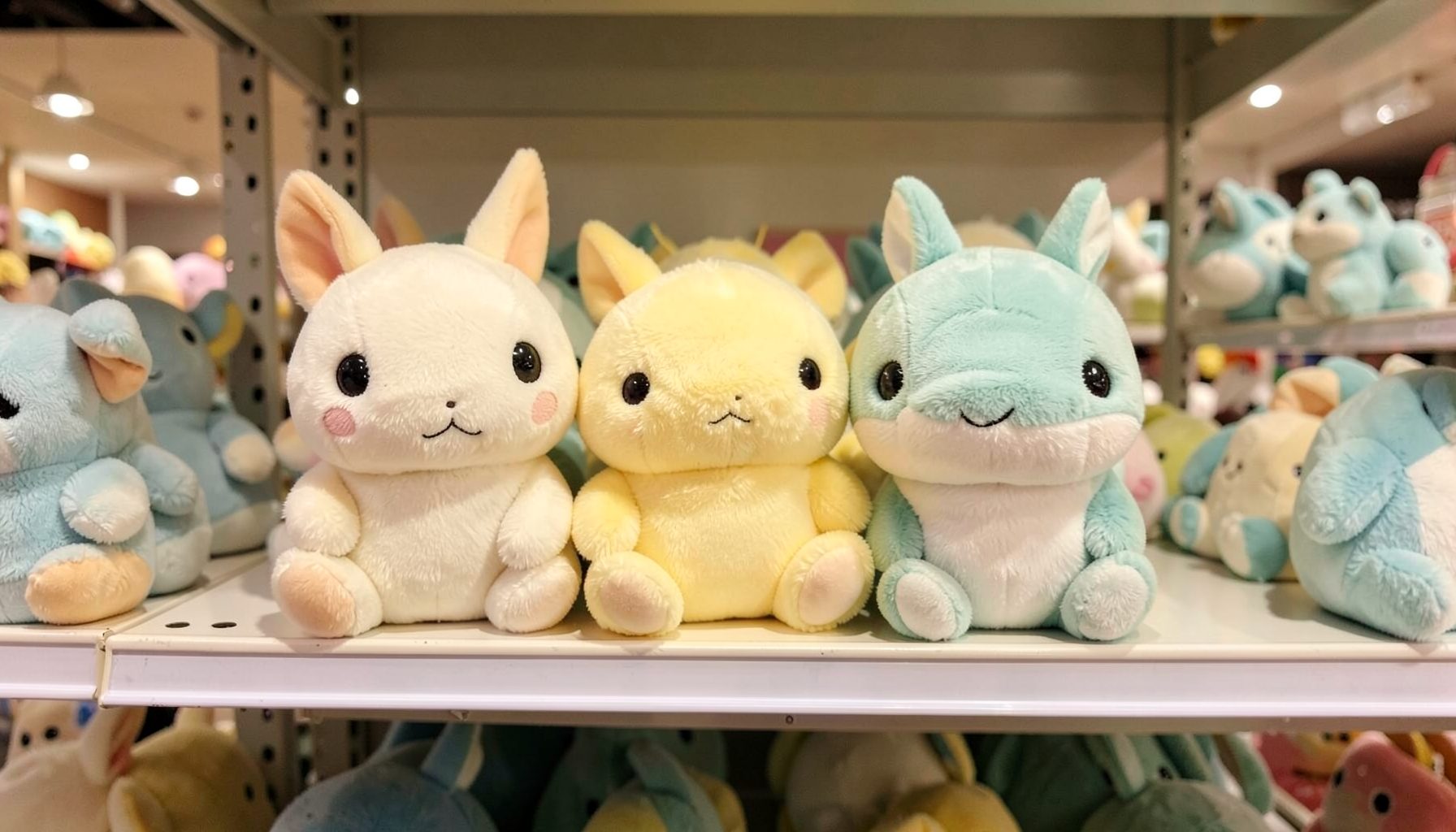 Plush Togepi and Snorlax Squishmallows sitting on a retail shelf, soft pastel cream and teal tones against warm store lighting