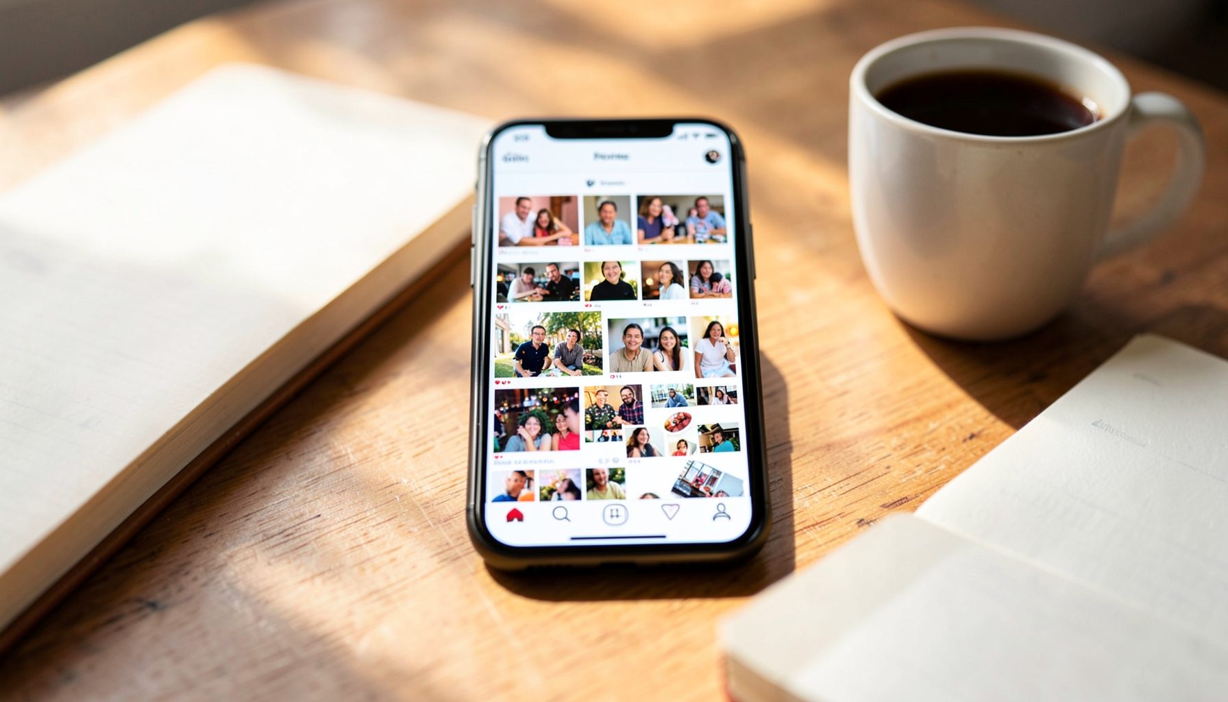 Smartphone displaying a colorful Instagram grid, soft natural light falling across a wooden desk with a notebook and coffee cup nearby