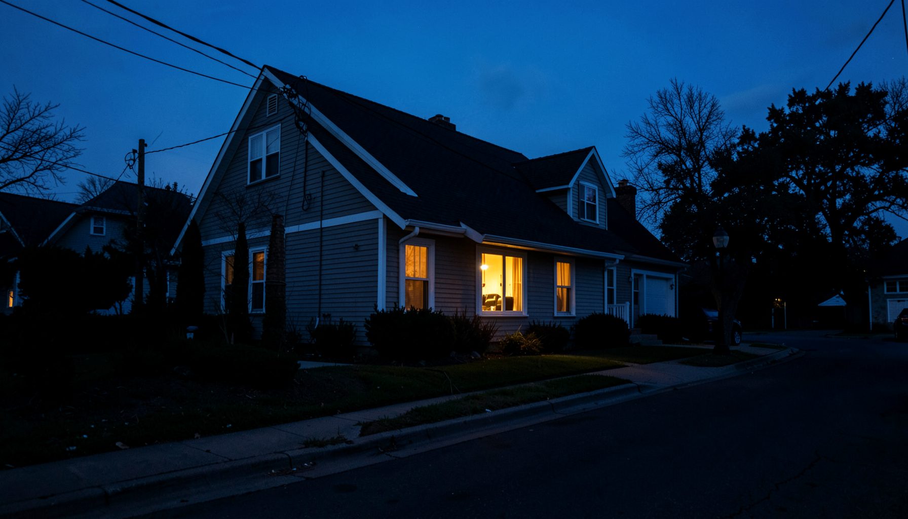Suburban street at dusk with a single house glowing warmly, an air of mystery in the deep blue shadows and amber window light