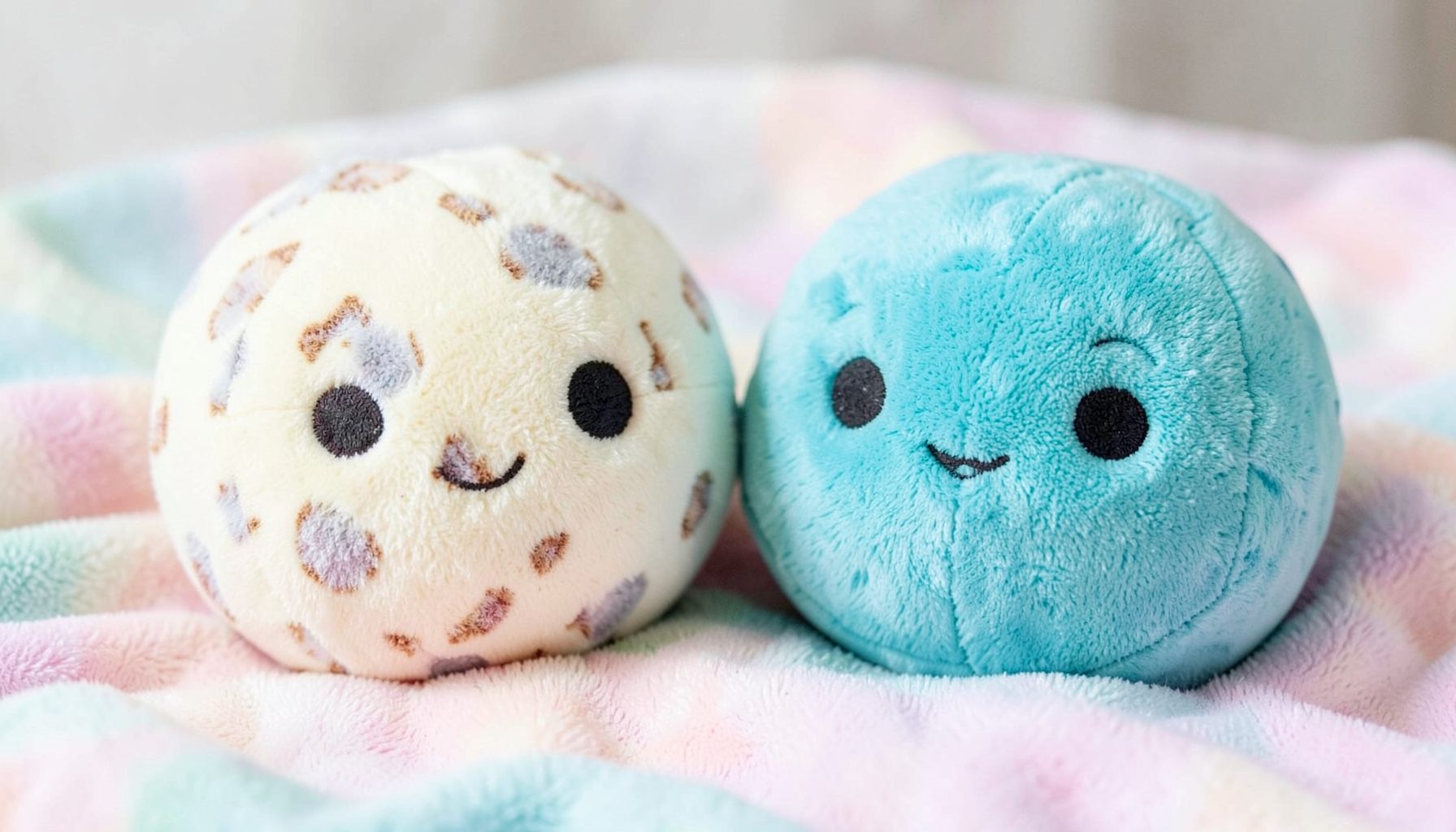 Two plush round Pokémon Squishmallows — one cream with a speckled eggshell pattern, the other teal-blue — resting on a soft pastel blanket