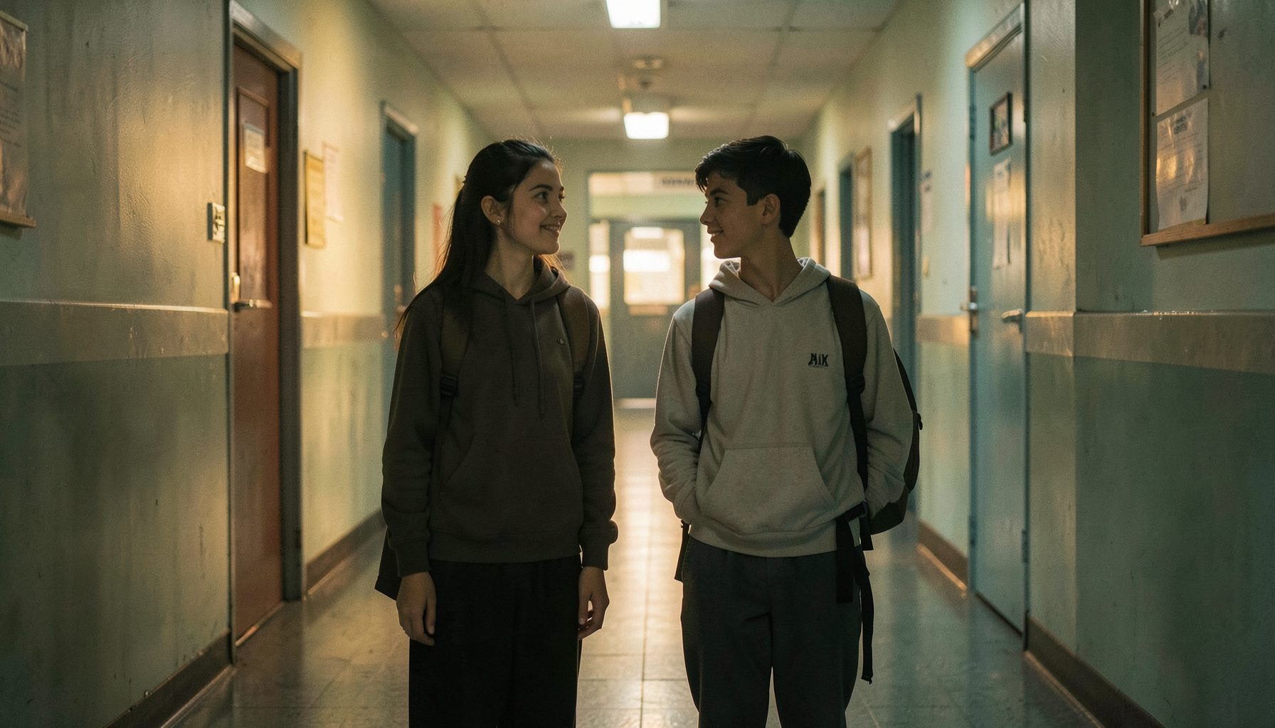Two young characters in a school hallway bathed in soft nostalgic light, warm amber and muted teal tones suggesting a time-travel romance drama