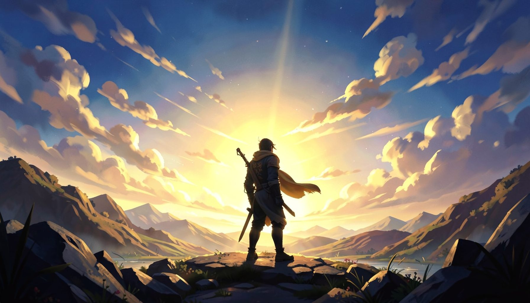 Vibrant fantasy landscape with a lone warrior silhouette against a glowing sky, evoking classic Japanese RPG adventure art in warm golds and deep blues